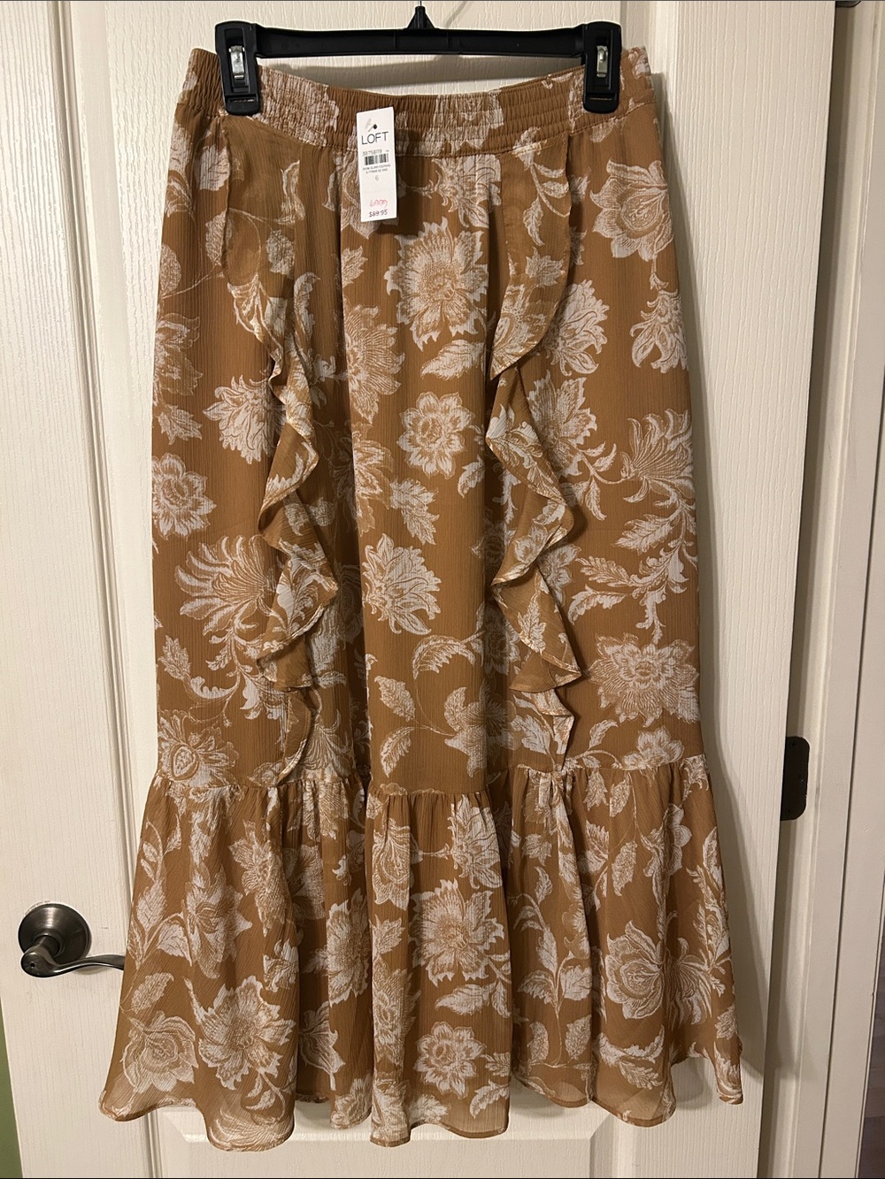 LOFT Camel and White Floral Ruffle Maxi Skirt
